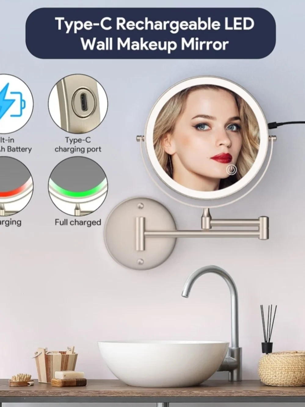 LED Wall-Mounted Makeup Mirror in Brushed Silver